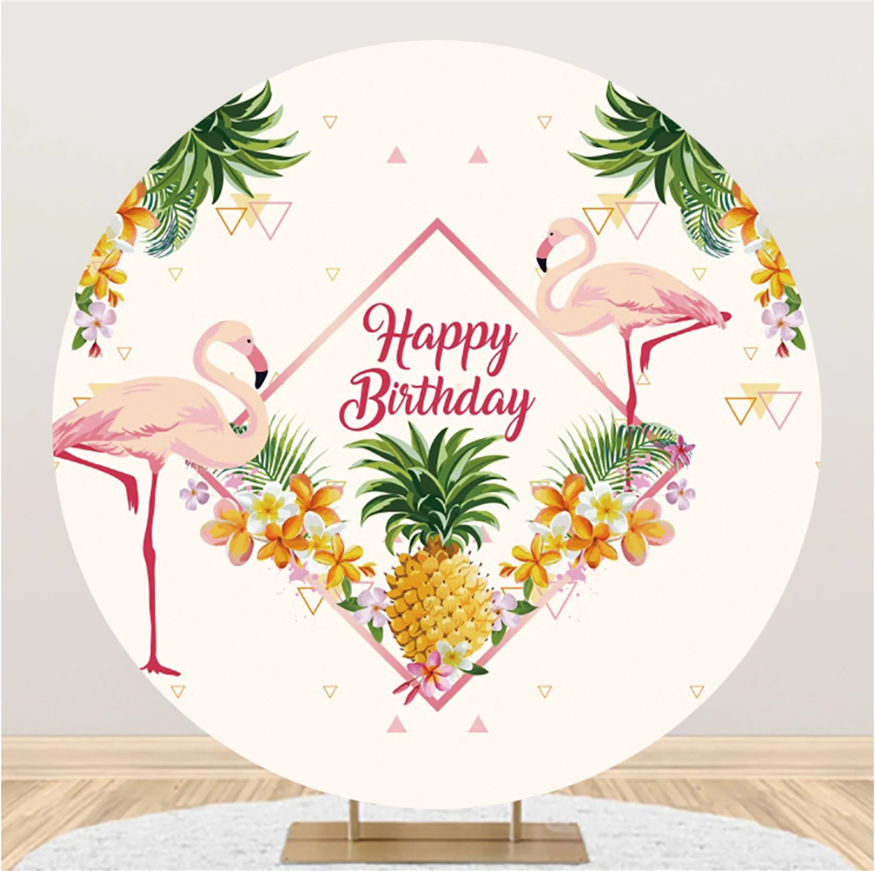 Laeacco Happy Birthday Flamingo Round Backdrop Tropical Palm Leaves Flowers Child Adult Birthday Portrait Photography Background