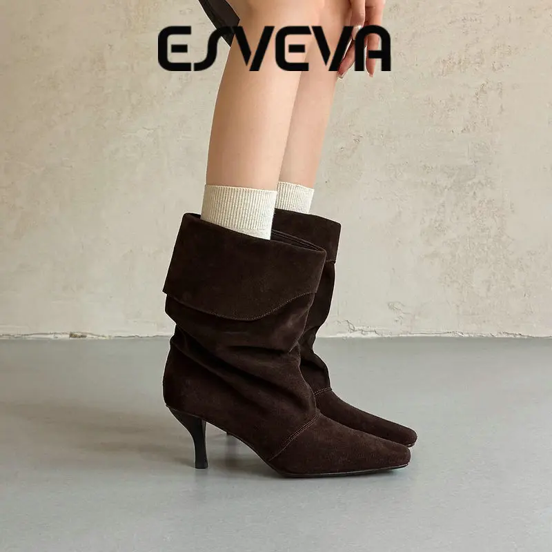 ESVEVA 2027 Sexy Fashion Cow Suede High Heels Women Ankle Boots Leather Winter Woman Shoes Autumn Wrinkle Short Boots 34-39