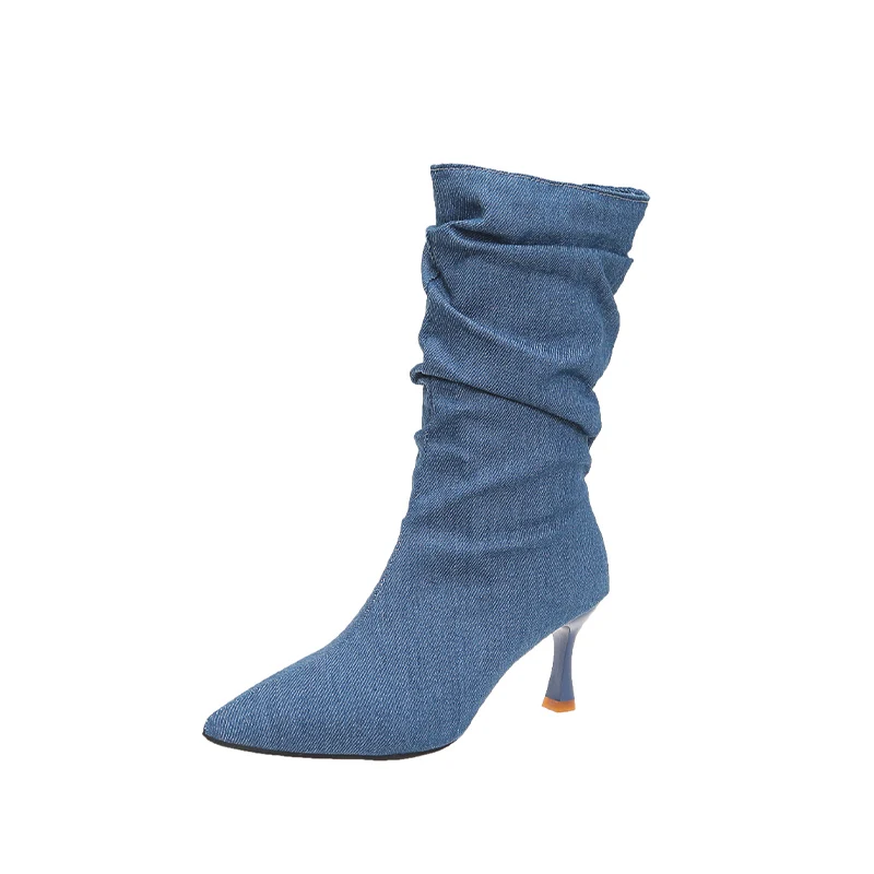 الدنيم منتصف العجل الأحذية النسائية جديد أشار تو أحذية عالية الكعب الأحذية 2025 الشتاء مثير موضة مضخات تشيلسي الأحذية Mujer Zapatos