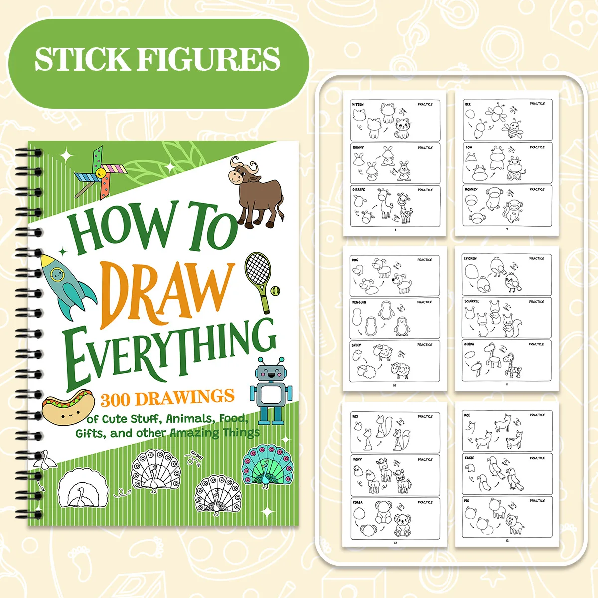 How to Draw Stick Figures 300+ Drawings Cute Animals Food Step by Step Tutorial Book for Beginners Gift