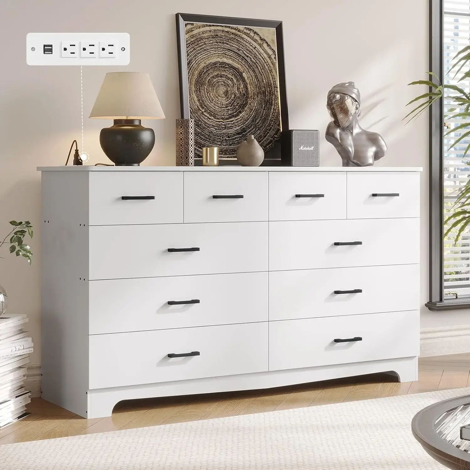 DICTAC White Dresser for Bedroom with 10 Drawers, Large Chest of Drawers Storage Organizer, Long Dresser TV Stand with Power Out