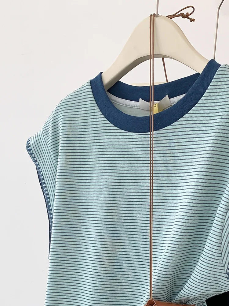 2024 estate donna Casual Versatile a righe contrasto colore girocollo manica corta t-shirt Design senso nicchia top