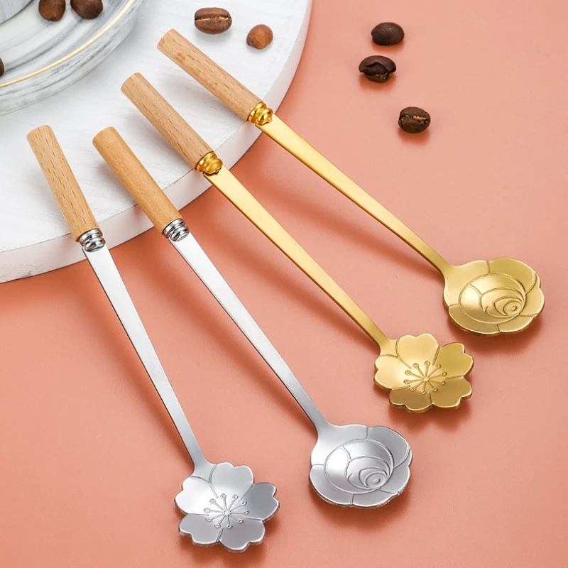 Cherry Blossoms Stainless Steel Spoon Rose Gold Silver Scoop Coffee Spoon With Wood Handle Kitchen Accessories Tableware