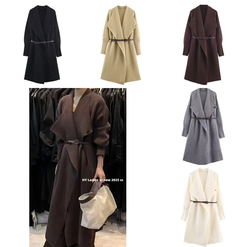 

Women's Coat 2025 Autumn New Style Solid Color Long-Sleeve Long Knit Coat with Belt Decoration Casual Fashion Versatile