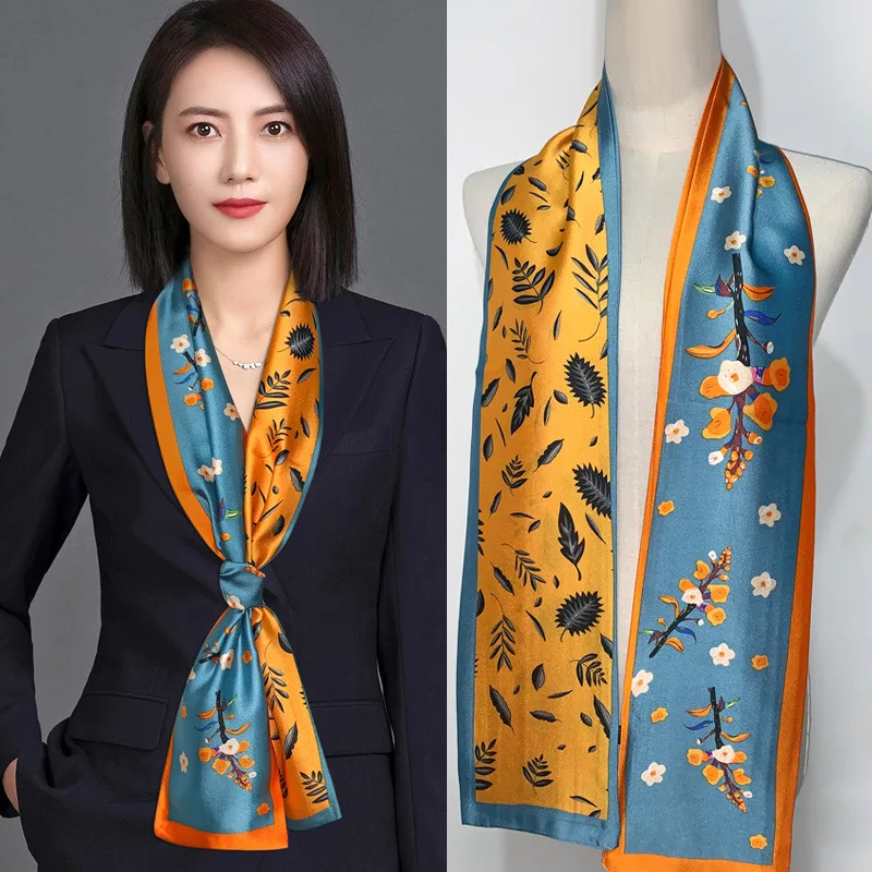 Luxury Design Print Silk Long Scarf Women Soft Satin Horse Hairband Neckerchief Office Hijab Headband Foulard Bag Ribbons Gift