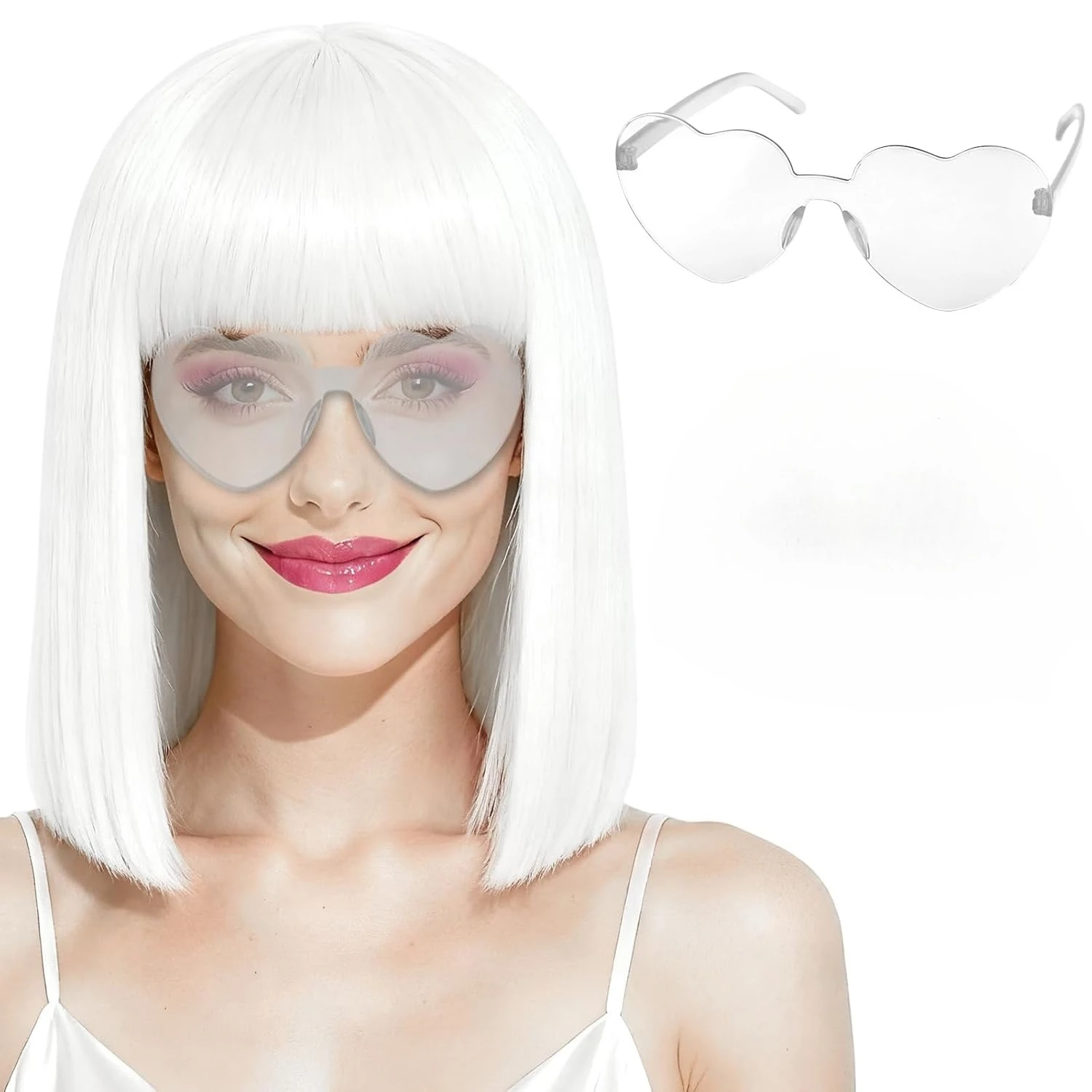 

Short White Straight Bob Wig with Bangs Heat Resistant Synthetic Hair Wigs with Heart Sunglasses for Women Natural Look Daily