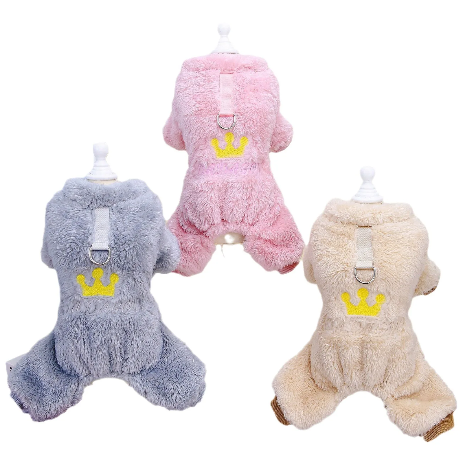 Autumn and winter pet dog four-legged plush clothes crown with small size dogs Teddy Bichon traction buckle pure color clothing