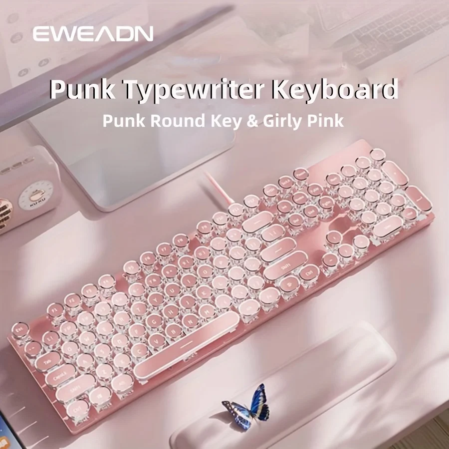 EWEADN Punk Typewriter Mechanical Gaming pink Keyboard, 104 Keys Full-Size Numeric Keypad, White Backlit, for Windows Laptop PC