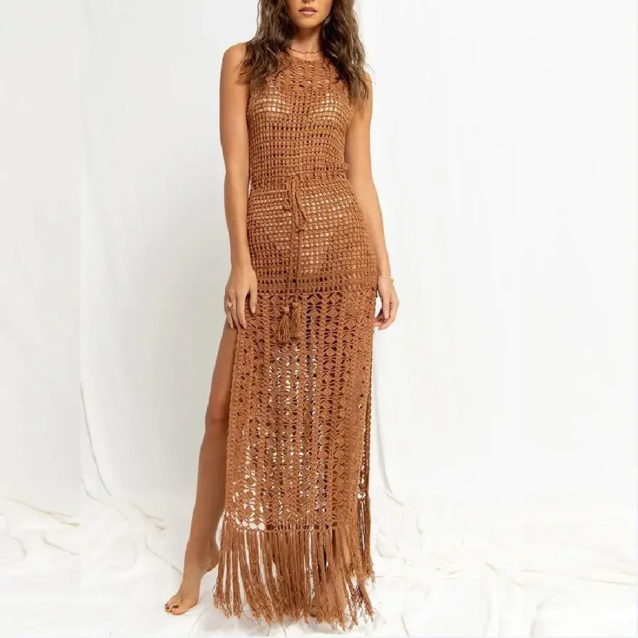 

2024 New Women's Summer Knitted Bikini Cover-Up Sexy Solid Color Crocheted Hollow Out Sleeveless Side Slit Tassels Beach Dresses