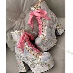 Embroider Rivet Decor Platform Boots Round Toe Chunky Heels Side Zipper Shoes Retro Style Elegant Boots 2023 Zapatos Para Mujere