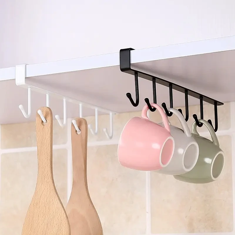 6 Hooks Storage Shelf Wardrobe Kitchen Bathroom Organizer Iron Metal Under Shelves Hanging Rack Mug Cup Utensils Holder Kitchen