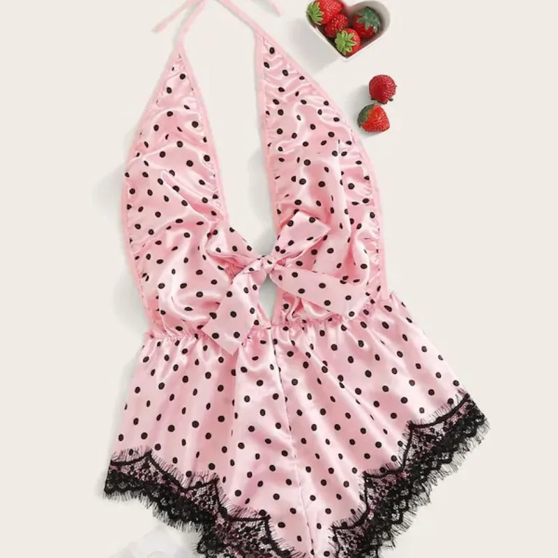 Top Fashion Sexy Backless Onesie Deep V Bodysuit Pink Spot Hanging Neck Jumpsuit Womens Nightgown Sleepwear Lingerie Body Shaper