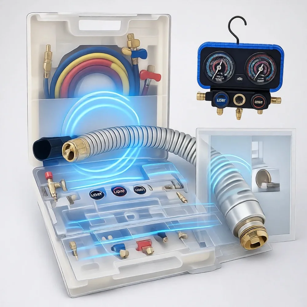 3 Way AC Manifold Gauge Set for R410A R22 R32 R454B with 5ft Hoses Safety Valves Adapters and Valve Core Wrench