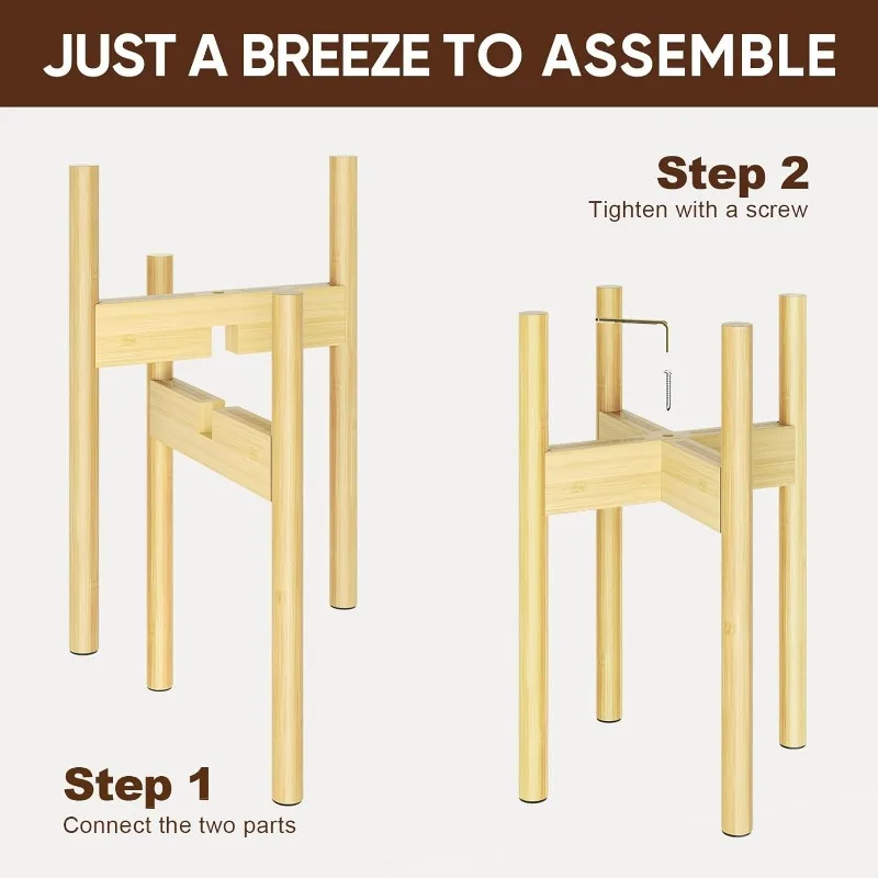 Piso único ajustável Bamboo Plant Stand, Stand de planta interior, 8 a 12 polegadas, 2 Pack