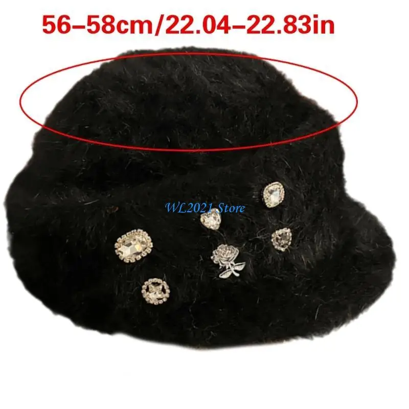 G5GC قبعة القلب المتطورة أحجار الراين مزينة قبعة فراء الأرانب قبعة أنيقة
