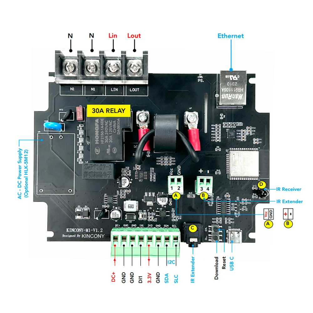 Kincony M1 ESP32 Switch Power Meter Relay Smart Controller AC Voltage and Current Energy Monitor ESPHome Tasmota Arduino  I2C IR