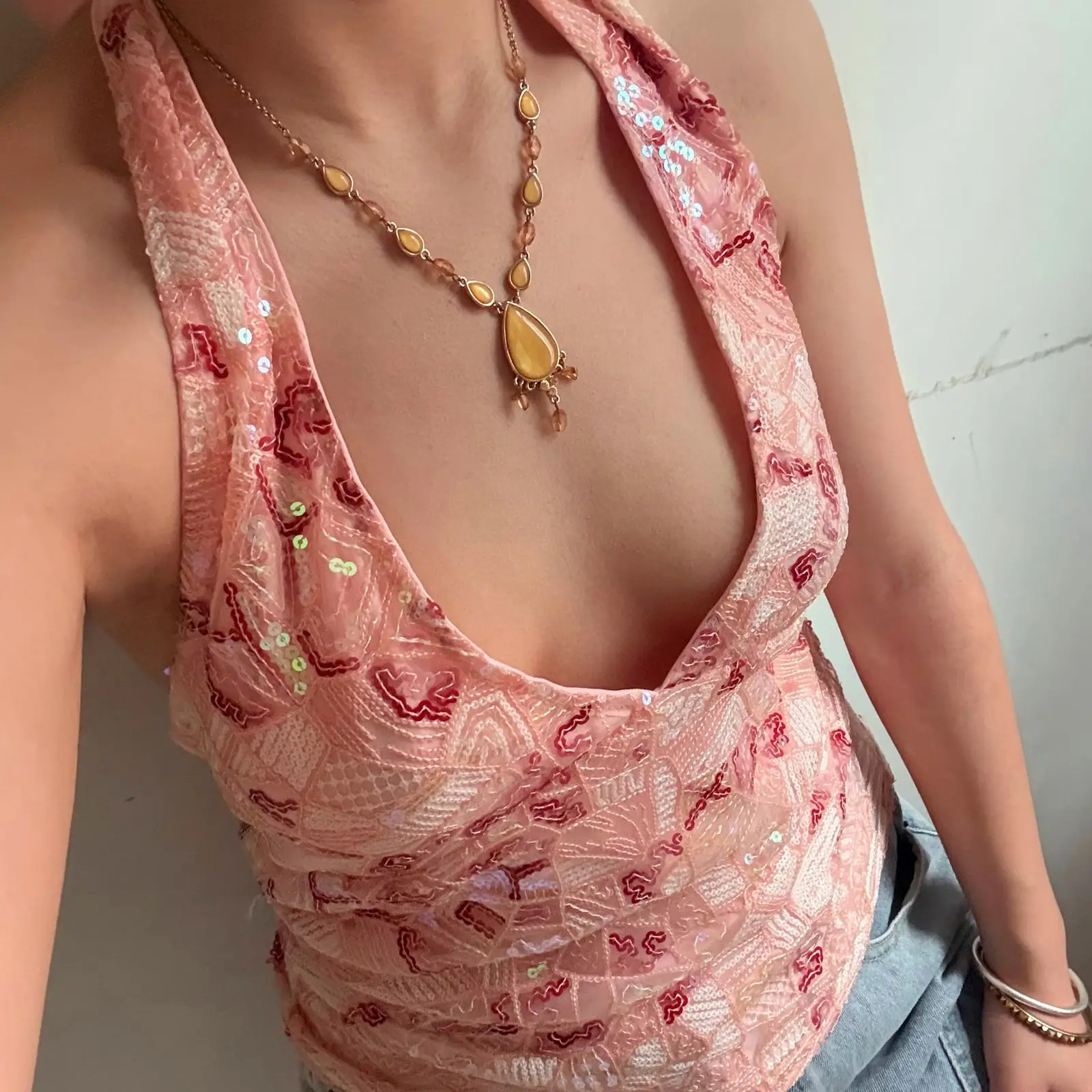 Y2k Sequin Beaded Suspender Shirt Bohemian Beach Backless Vest Sexy Club Party Sleeveless Shirt Vest Vest Retro Navel Top Women