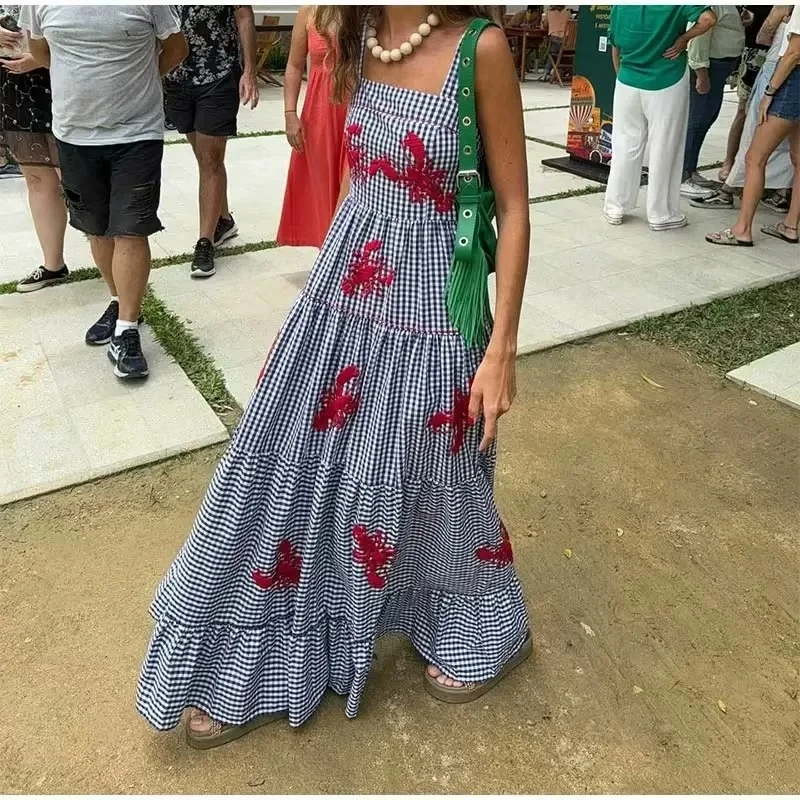 TRAF Embroidery Plaid Long Dresses Women Sleeveless Slip Midi Dress Woman Pleated Backless Beach Dress Vintage Summer Dress