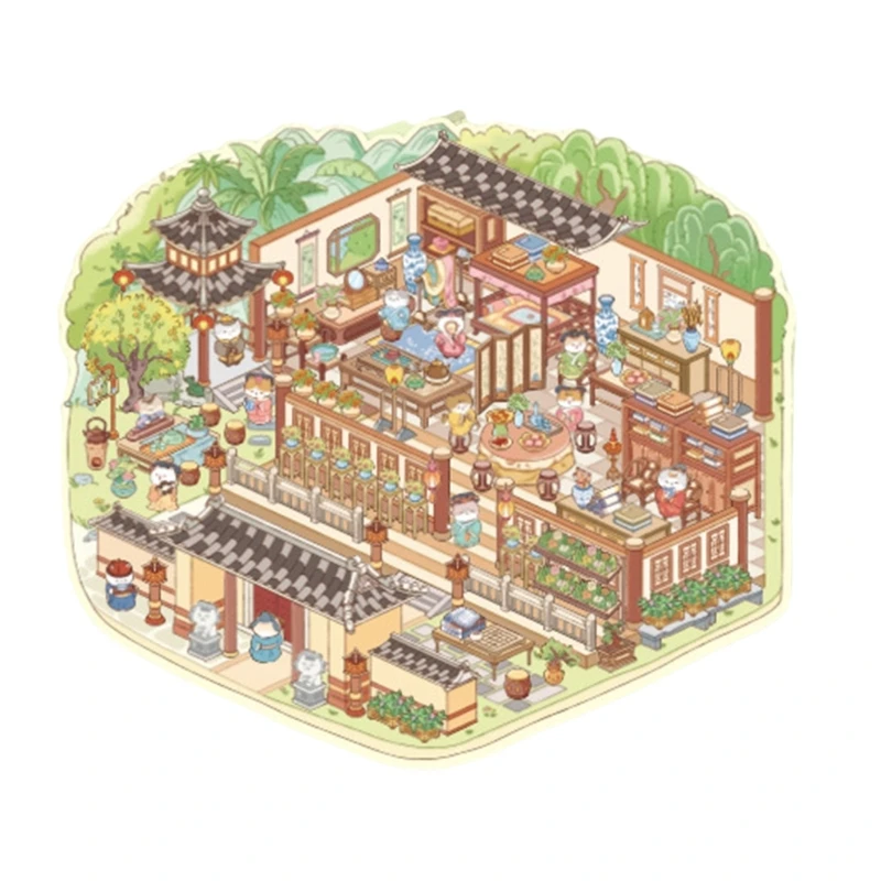 W89C Scene Sticker Chinese Landscape Sticker for Journal Decoration