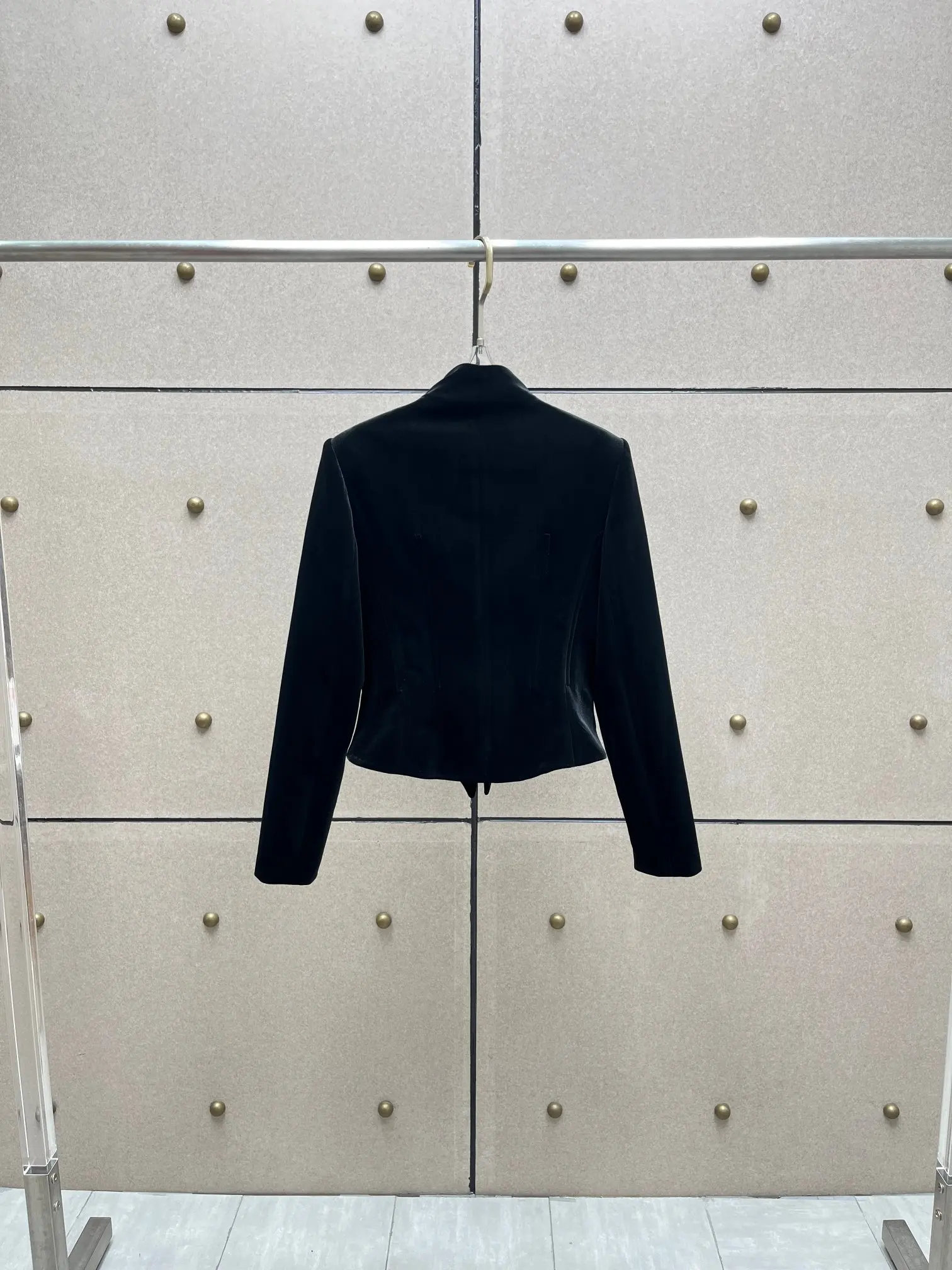 2026 New Style Women's jacket Black Velvet Boned Slim-Fit Zipper Square Neck Cropped Blazer