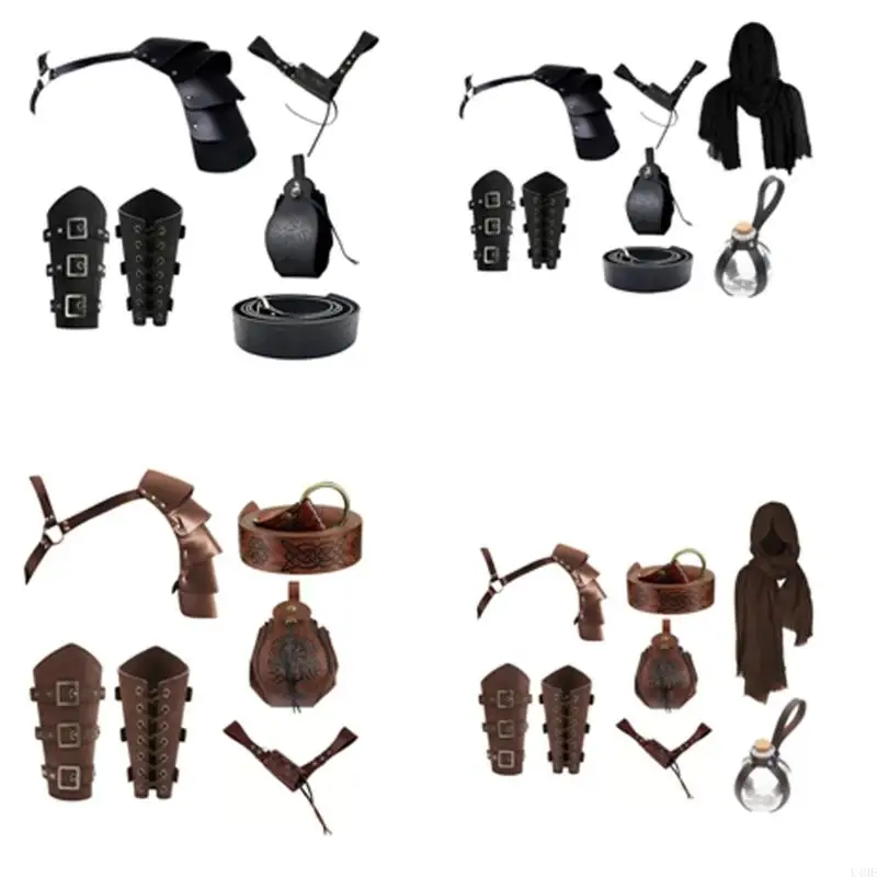 

L4ME Medieval Leather Belt Shoulder Guard Bracer Waist Pack Shawl Bottle Swords Holder Men Halloween Costume Accessories