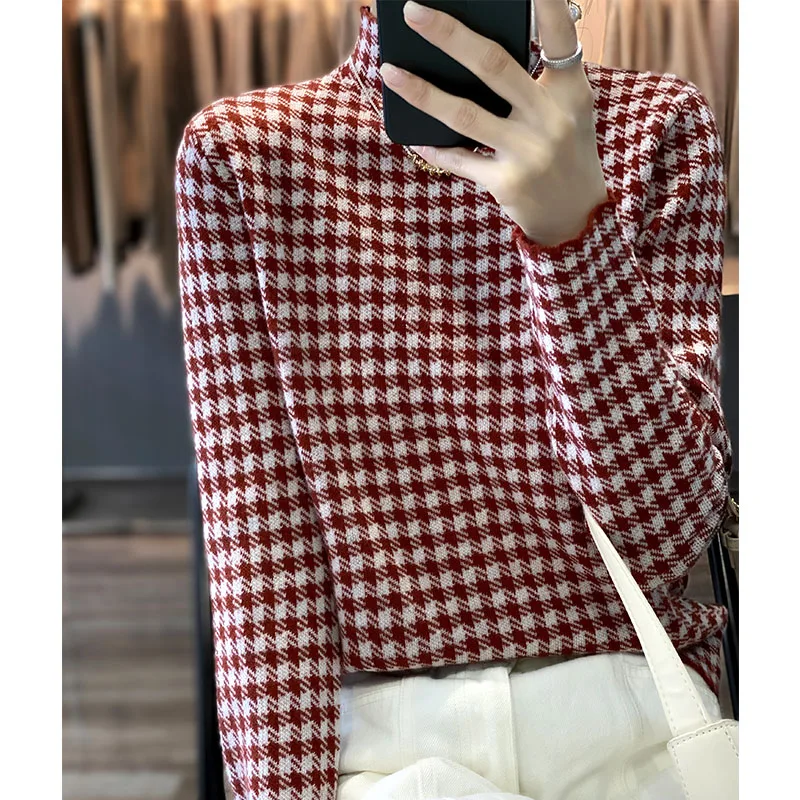 

Женские вязаные свитера в клетку, осенне-зимние стандартные кашемировые джемперы из 2022 чистой шерсти с длинными рукавами, 100%