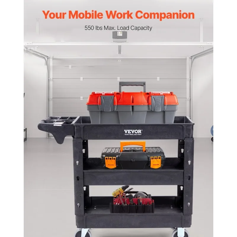 VEVOR Utility Cart, 3-Tier Plastic Service Cart with 550LBS Capacity, 360° Swivel Casters (Including 2 Locking Wheels)