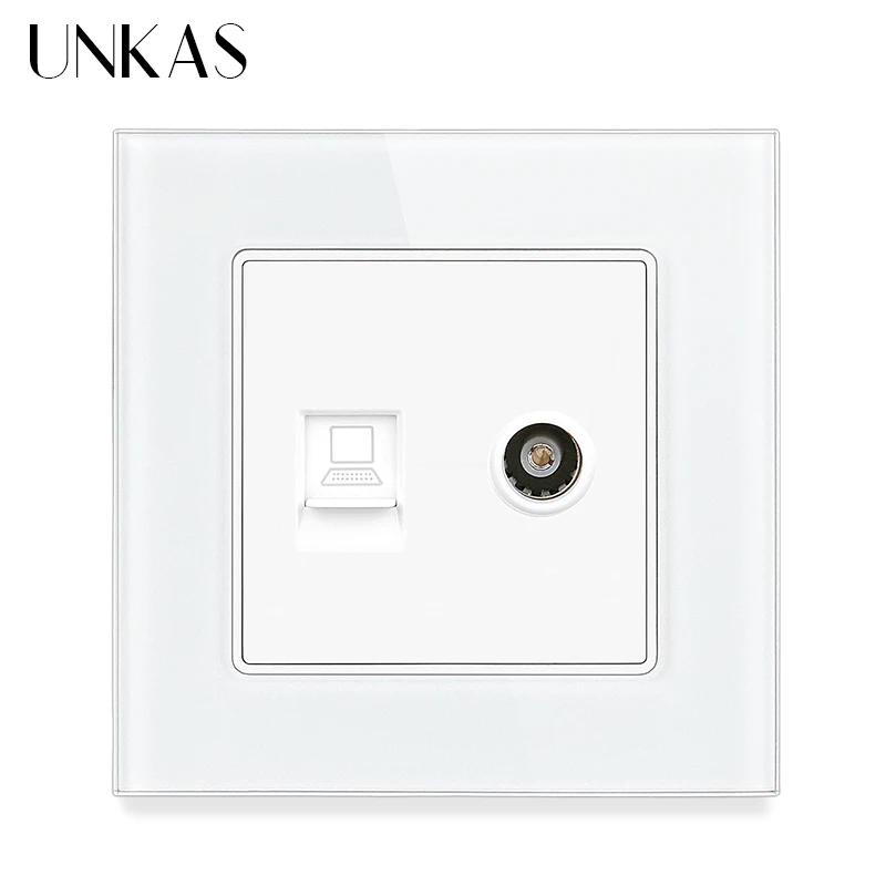 UNKAS White RJ11 Telephone RJ45 Computer Tempered Glass Panel Tele. TV Socket Gold 86mm Television Weak Outlet Black Gray