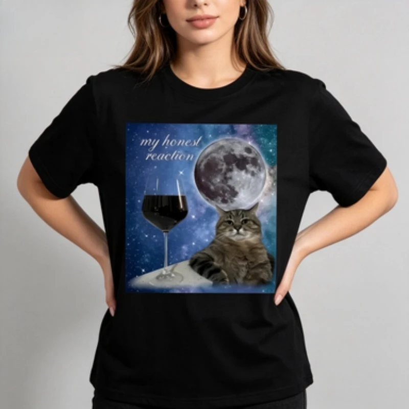 T-shirt décontracté à col rond pour femme, imprimé graphique chat, lune, vin, galaxie, manches courtes, coupe ample