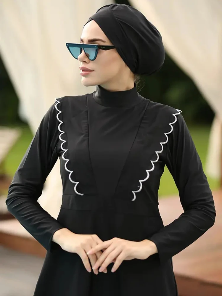 3PCS Muslim Islamic Long Sleeve Swimming Suit Modest Swimwear Women Swimsuit Full Cover Burkini Lotus Leaf Curled Edge Design