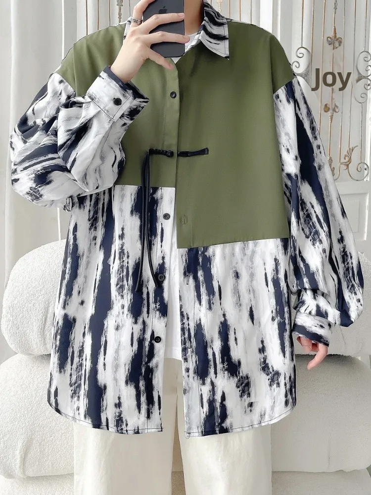 

Modified Traditional Chinese irt Men's Spring Floral Print Patchwork Button up Loose Fit Long Sve Youth Faion