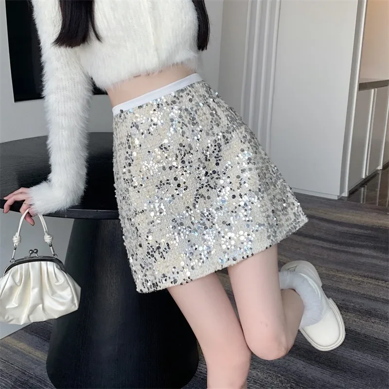 Y2k Sequined Mini Skirts Women's Korean Style High Waist Slimming A-line Skirts Fashion Popular Party Sexy Hip Skirts Streetwear