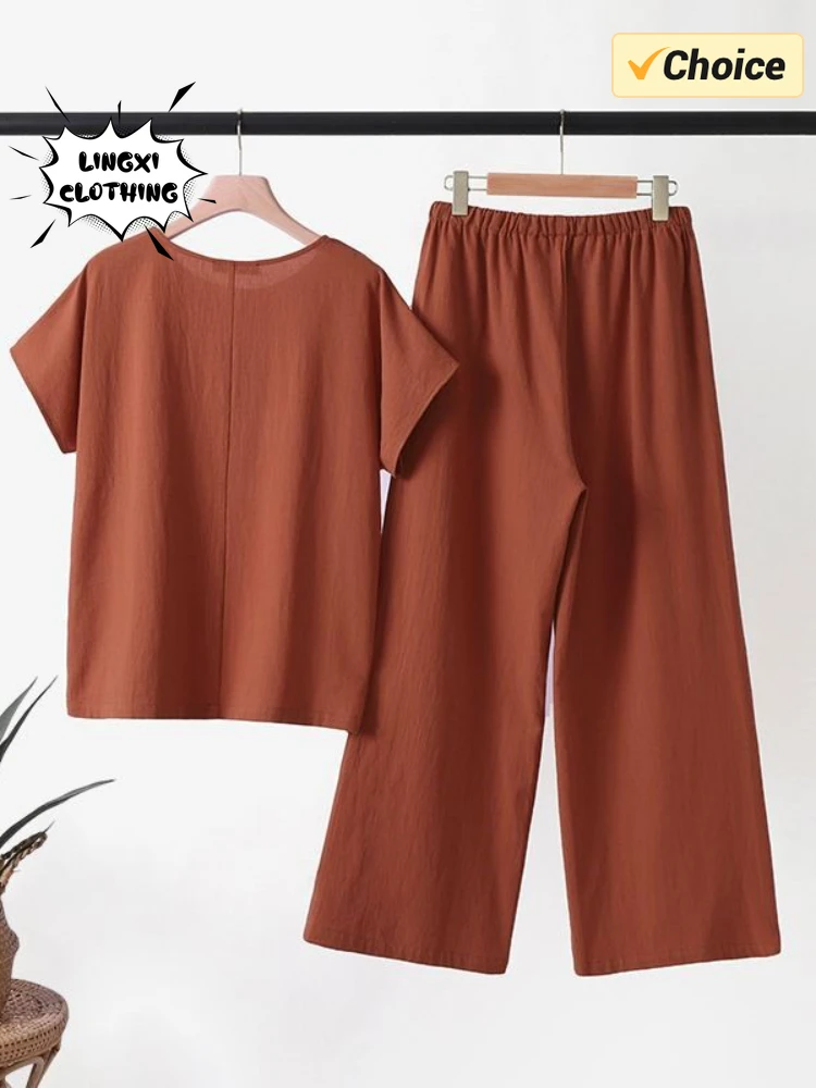 2024 New Matching Collection Women\'s Clothing Set Fashion Cotton Hemp Short Sleeve Shirt High Waist Wide Leg Pants Two Piece Set