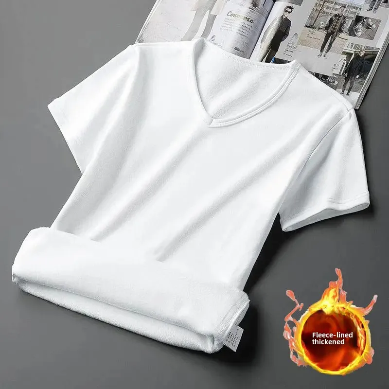 Plus Velvet Thickening short Sleeve Men T-Shirt V-neck Soft Warm Bottoming Shirt Warm Clothes Fleece-lined Slim Underwear Bottom