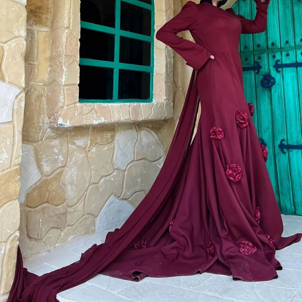 ที่กําหนดเอง Mermaid Prom Dresses ความยาว O - Neck แขนยาวชุดราตรีแฟชั่นดอกไม้ Simple Draped Casual Party Gown