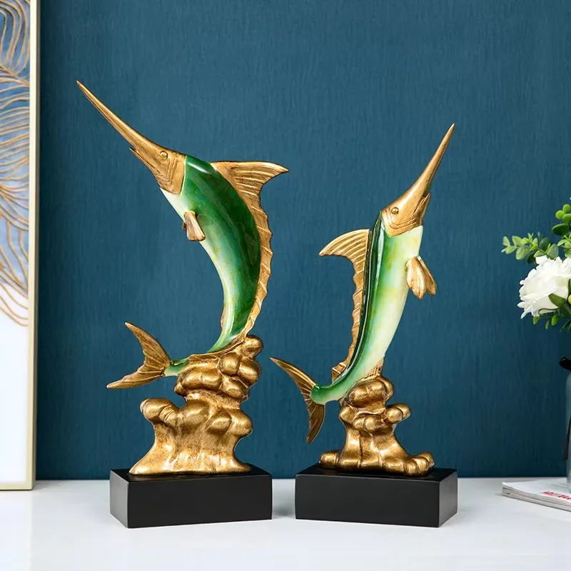 European Style Swordfish Sculpture Ornament Pair Home Living Room Office Desktop Decorative Art Craft Gradient Color Body