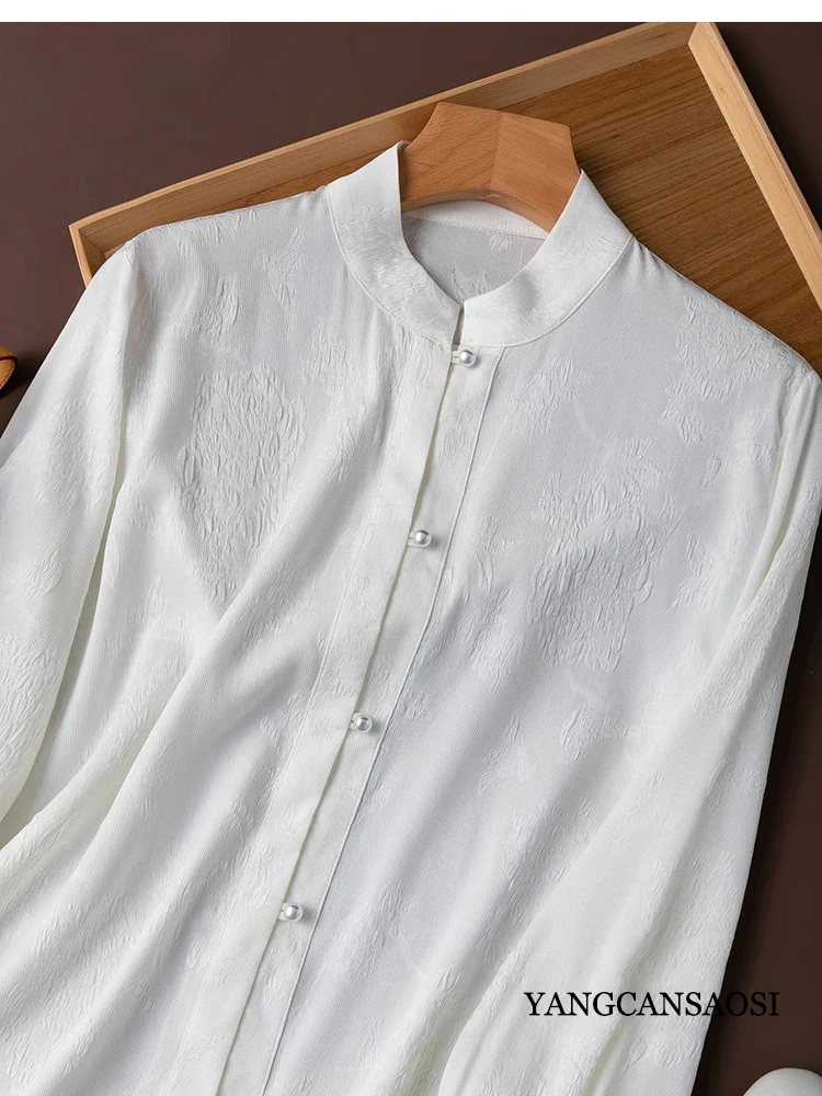 20MM Breathable Full 93% Natural Mulberry Silk Elastic GuanLe Satin Chinese Style Standing Collar Long Sleeved White Loose Shirt