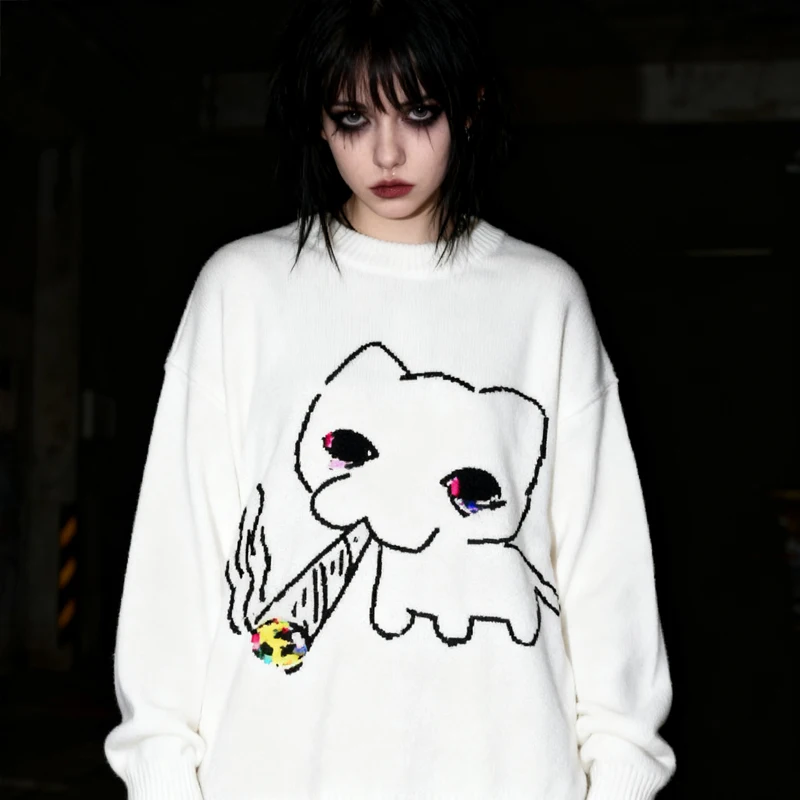 

Y2k нейтральный готический кот курящий большой свитер с принтом эмо-панк эстетическая уличная одежда вязаный джемпер для мужчин и женщин