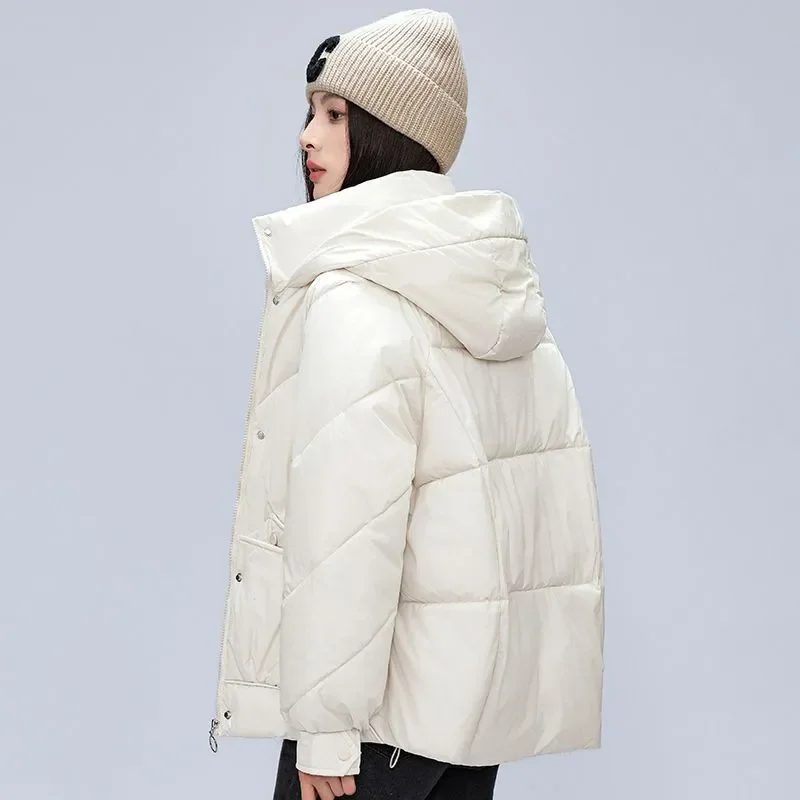 2024 Cotton Jacket For Women Winter Stylish Solid Hooded Stand Collar Loose Thick Warm Down Cotton Padded Jacket