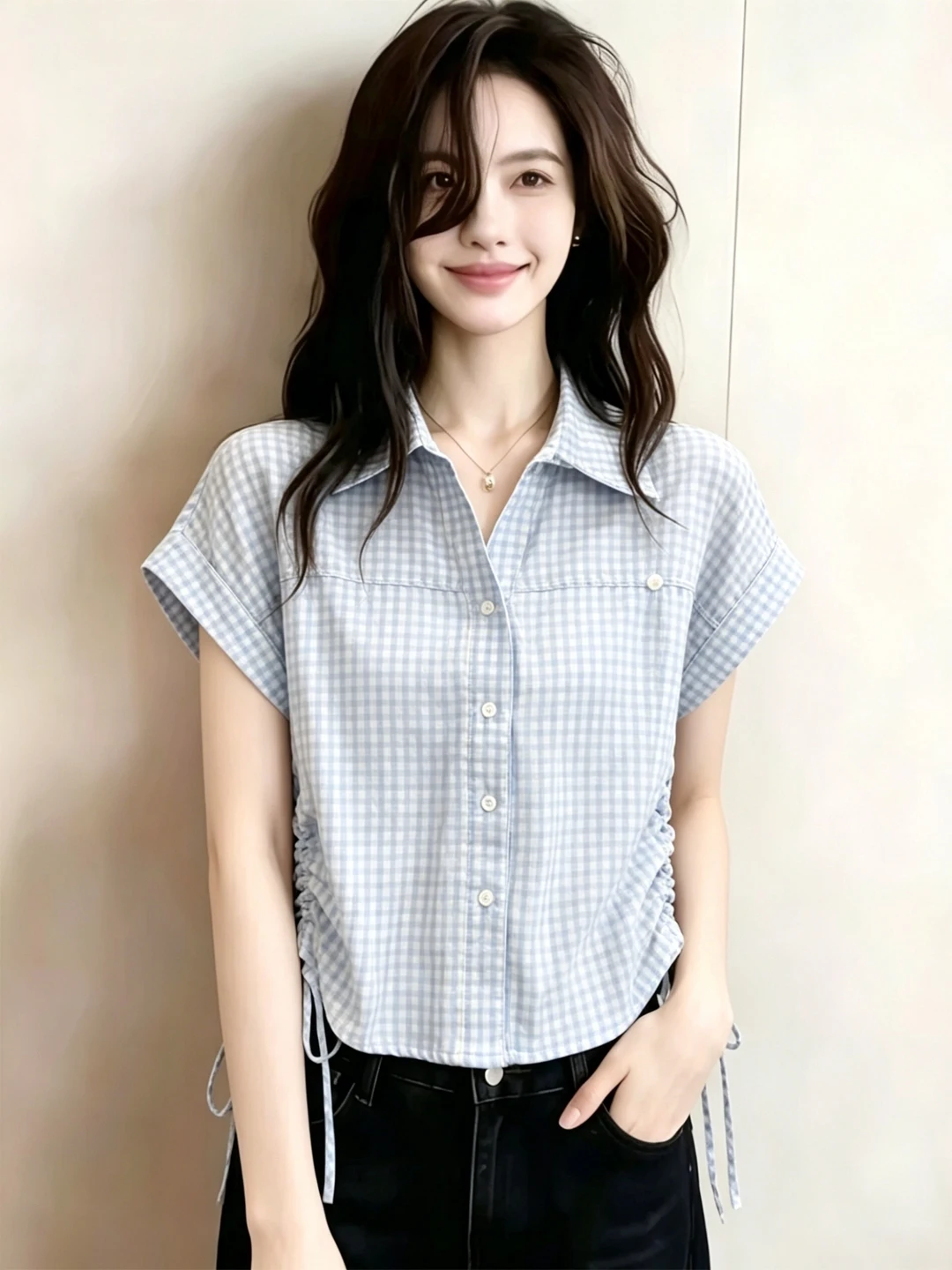 

Blue Plaid Short Sleeve Women's Shirt Summer Design Drawstring Waist Loose Versatile 2026 Trendy Age-Defying Top