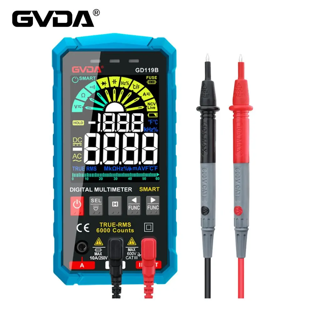 Multímetro Digital GVDA 600V True RMS AC/DC NCV Inteligente para Medição de Tensão, Corrente, Ohm, Capacitância e Frequência (Hz)