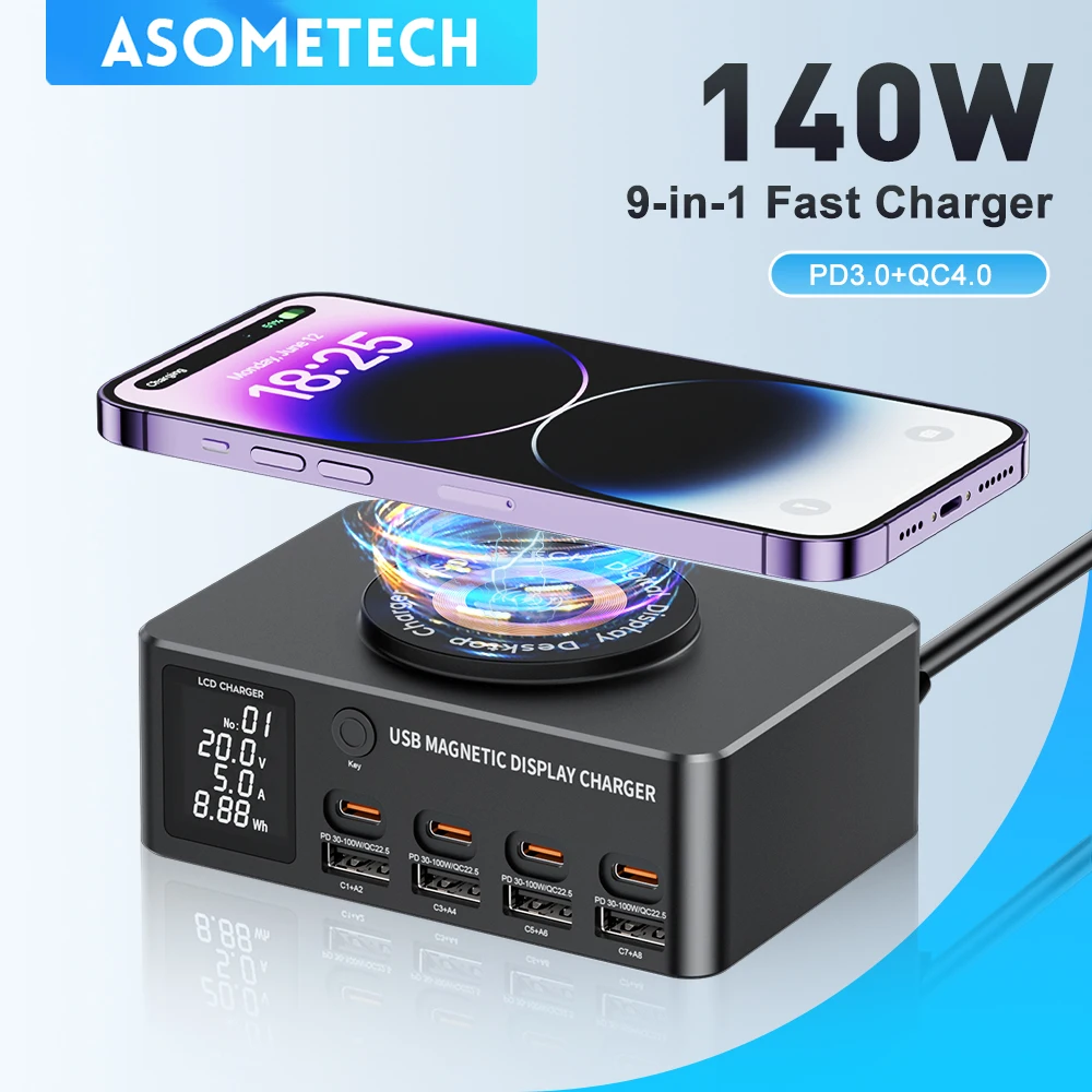 140W Multi-Ports Fast Charger Type C Wireless Charging Station With PD QC 3.0 Digital Display Quick Charge For iPhone 14 Samsung