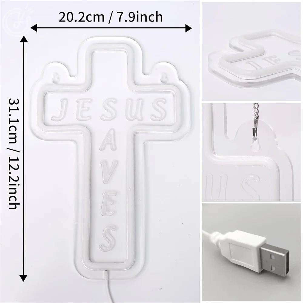 Letrero de neón cruzado LED, decoración de pared de cruz de Jesús, alimentado por USB para dormitorio, bautizo, decoración de Baby Shower, símbolo cristiano, luz LED de neón