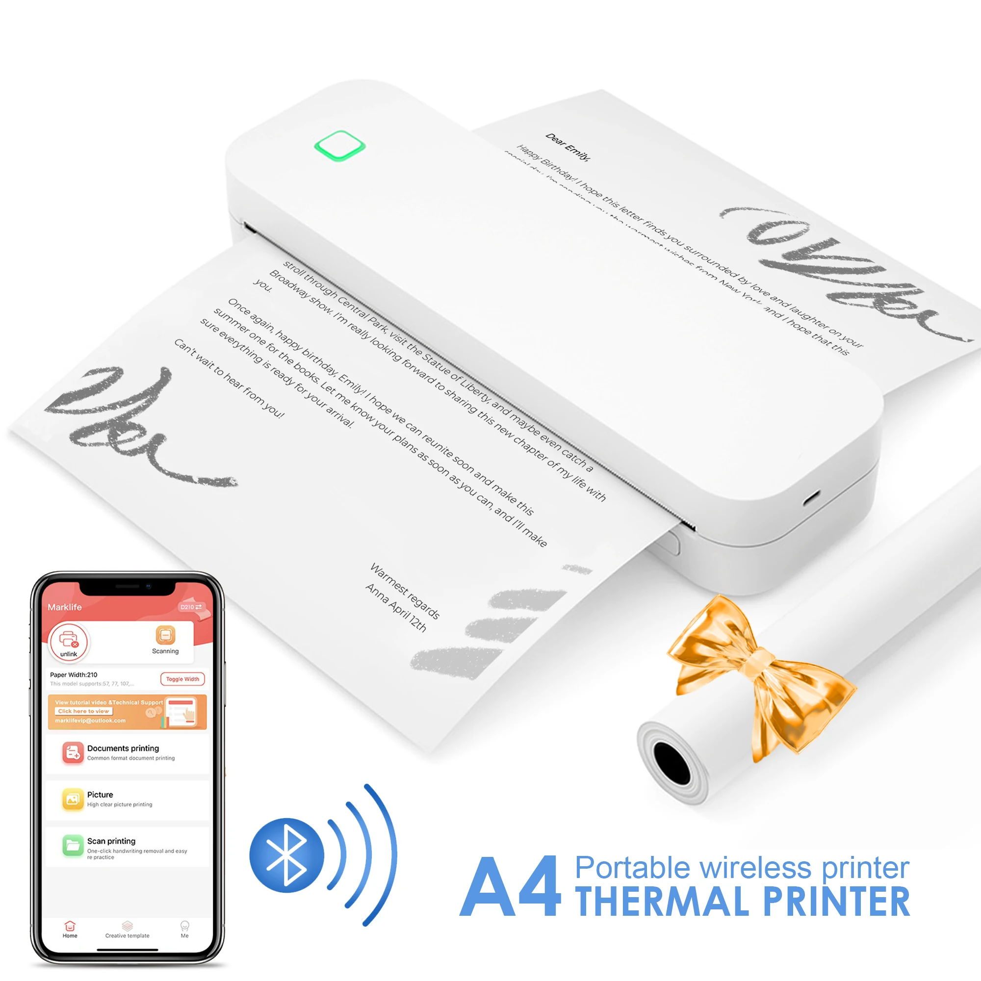 

Bluetooth Portable Thermal Printer, Inkless Travel Printer Support 3”/4”/8” Roll Paper, for A4 Documents, Contracts, Receipts