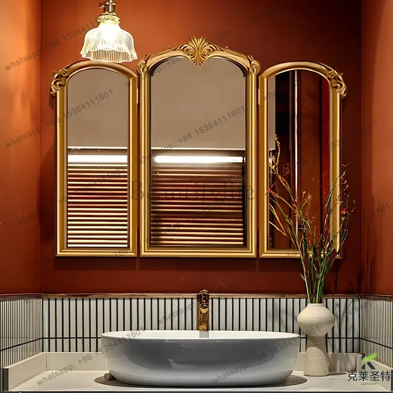 YJ French Vintage Threefold Foldable Mirror European Fireplace Decorative Wall Mirror for Bedroom Bathroom Vanity