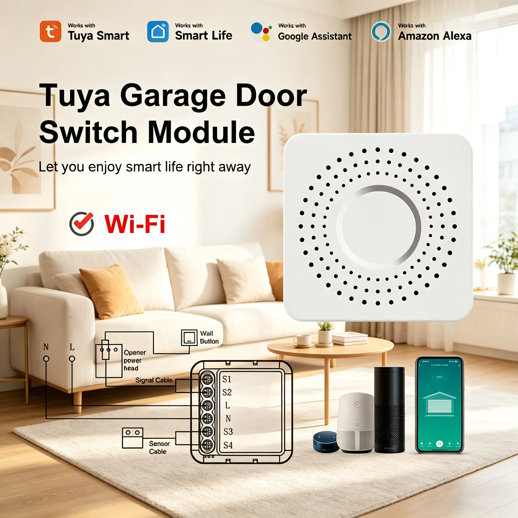 

Модуль умного выключателя для гаражных ворот Tuya WiFi, контроллер дистанционного управления гаражными воротами, совместим с Alexa, Google, Smart Life