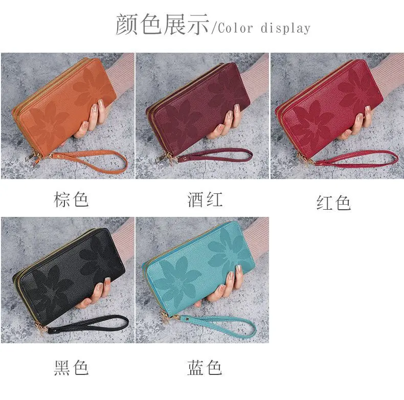 Neue Doppel-reißverschluss Große Kapazität Lange Brieftasche für Frauen Mode Multi-schicht Telefon Münze Karte Geldbörse Floral Geprägte PU leder – Detail 4