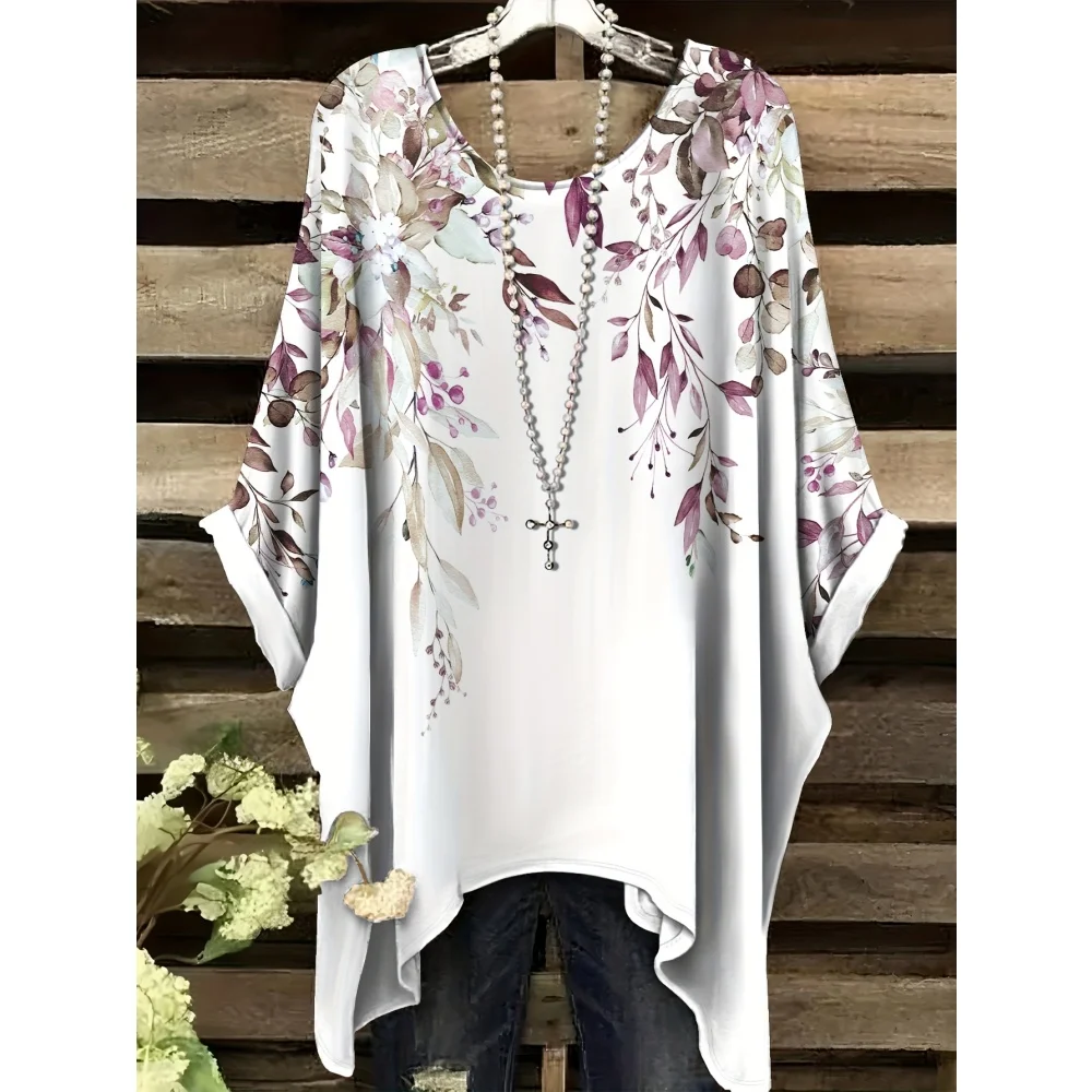 Women\'s Summer Bohemian Floral Print T-Shirt Vintage Light Purple Y2k Graphic Round Neck Clothing Elegant Woman Short Sleeve Top