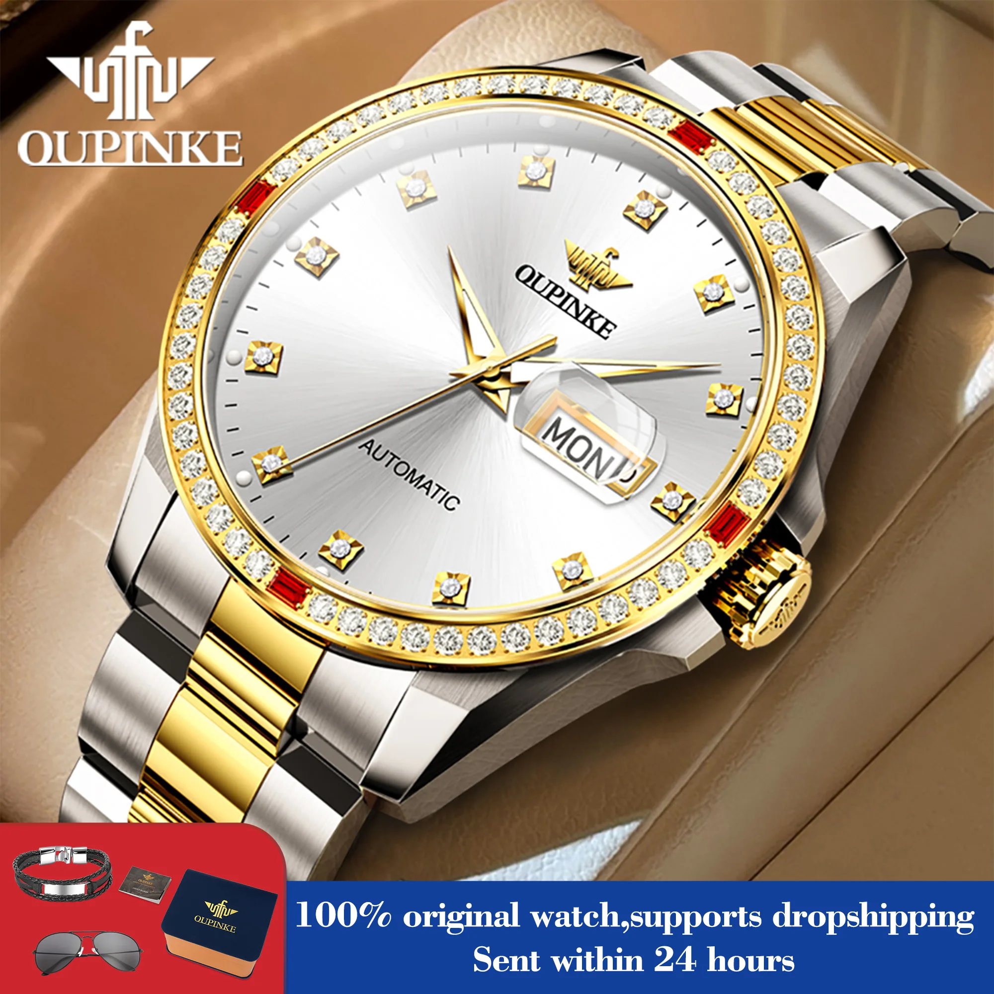 

OUPINKE 3261, мужские часы, роскошные оригинальные наручные часы с бриллиантовым циферблатом, автоматические механические часы для мужчин, мужские ручные часы с двойным календарем