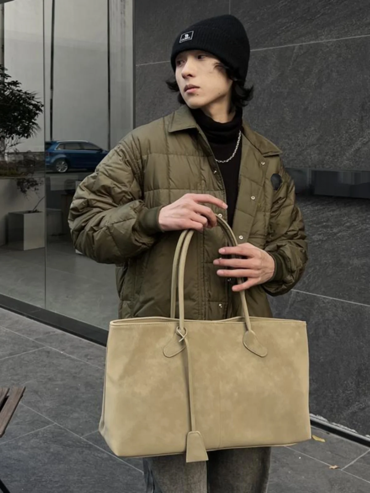 

Retro Large Capaci Suede Tote Bag Men Women Casual Handbag Soft PU Leather Magnetic Clasp Closure Square ape Pure Color
